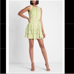 NWT Express Lime Green Tropical Ruffle Dress - Size L 🌿 Tie Waist, 60s Vibes